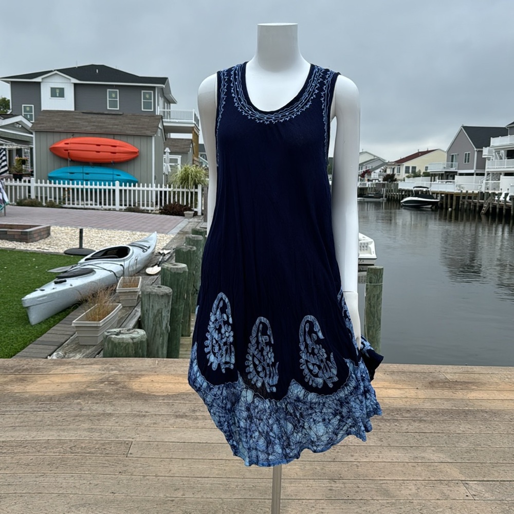 Navy Blue Sleeveless Dress with Embroidered Hem